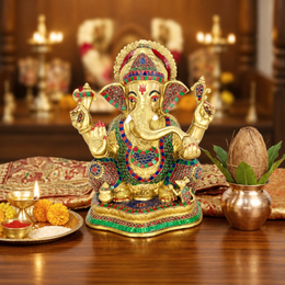 Brass Ganesha Idol for Gift,Traditional Brass Ganesha Statue UAE,Brass Ganesha Idol for Office,Yellow Antique Brass Ganesha Statue,Ganesha Stone Work Brass Idol,Indian Handcrafted Brass Ganesha Figurine,