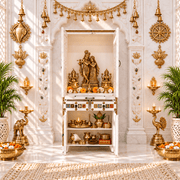 white rustic solid mango wood pooja mandir, rustic white mango wood home temple, solid hardwood hindu worship cabinet, natural mango wood prayer shrine, real wood rustic ghar mandir, premium white wooden devghar, indian solid wood pooja ghar, 