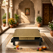 real wood pooja chowki, real wood brass fitted chowki, natural wood worship platform, premium wood pooja chowki, premium solid wood bajot, 
