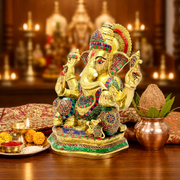 Brass Ganesha Idol for Gift,Brass Ganesha Idol for Office,Yellow Antique Brass Ganesha Statue,Ganesha Stone Work,Brass Idol,Indian Handcrafted Brass Ganesha Figurine,