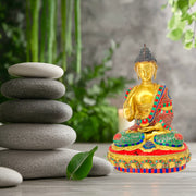 Yellow Antique Brass Buddha Statue/
Solid Brass Gautam Buddha Idol/
Handmade Brass Buddha with Stone Work/
Dharmachakra Mudra Buddha Statue/
Sakyamuni Brass Buddha Idol UAE/
Antique Look Buddha for Home Decor/