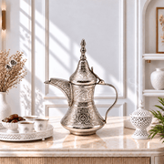  dallah coffee pot with gold polish, brass coffee pot souvenir UAE, white-polished brass coffee pot, white and gold Arabic dallah, white-finish Emirati coffee pot, white decorative dallah for majlis,