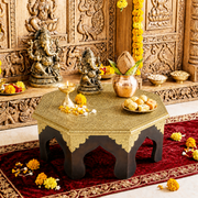 brass fittings chowki, small pooja chowki stand, wooden stool altar, pooja stool, temple platform, square chowki, decorative chowki,brass work pooja stool, traditional chowki handmade,
