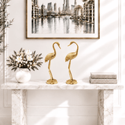 handcrafted brass bird pair, antique brass crane set, standing brass bird statues, tall golden bird sculptures, brass garden bird ornaments, brass bird couple showpiece, golden bird decorative pair, 
