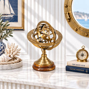 Brass Armillary Sphere UAE, Nautical Brass Globe with Antique Finish, Handcrafted Brass Armillary Globe, Wood and Brass Decorative Sphere, Vintage Brass Armillary Decor UAE, Brass Celestial Globe with Stand.