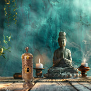 Buddha statue with incense burner and candles on a wooden table against a teal background