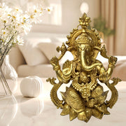 Brass Ganesha Idol On Lotus With Black Antique & Yellow Antique Finish