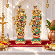 Radha Krishna colorful stone work idol, Radha Govinda decorative statue pair, Radha Madhav multicolor stone sculpture, Radha Gopinath handcrafted idol set, 
