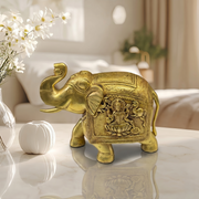 Vintage Royal Brass Elephant Statue with Gold Antique Finish, Heritage Hand-Engraved Brass Elephant Décor for Luxury Interiors, Traditional Indian Brass Elephant with Lakshmi Rajesh Carving, 