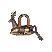 Decorative animal-shaped lock, Traditional brass padlock, Brass security lock deer design, Vintage Indian brass lock, Rustic brass lock with deer, Deer figure padlock brass, Collectible antique padlock.