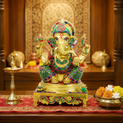 Solid brass Goddess Ganesha sculpture for home,Ganesha figurine with stone work,Goddess Ganesha statue 16 inches tall.Sitting God Ganpati idol made by solid brass,Ganpati stone work,Hindu sculpture,