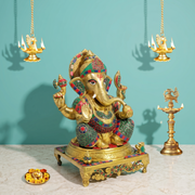 Handmade Lord Ganesha Statue UAE,Stone Work Ganesha Idol Decoration,Brass Ganpati Sculpture for Worship,Gold antique finish brass sitting Ganpati Goddess,Hindu traditional sculpture,