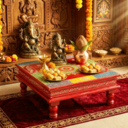 hand painted red pooja chowki Sharjah, red color wooden pooja table Dubai, low height pooja table UAE, hand painted solid wood chowki Abu Dhabi, solid wood pooja chowki Ajman, wooden pooja bajot, 