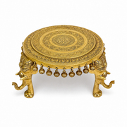 traditional brass elephant leg chowki, Indian handmade brass round bajot, premium brass pooja chowki with elephant legs, luxury brass round pooja stand 8 inch, 
