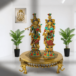 Brass Chowki with Stone Work UAE, Premium Brass Display Table Oman, brass chowki for Hindu temple, brass worship platform for mandir, brass pooja stool for religious ceremonies, brass idol platform for festivals,