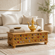 Wooden Handcrafted Trunk,Box,AntiqueWooden Trunk Chest,Mango Wood Storage Box,Indian Wooden Trunk with Tiles,Tiles work storage chest for villas,