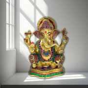 Brass Ganesha Idol for Gift,Brass Ganesha Idol for Office,Yellow Antique Brass Ganesha Statue,Ganesha Stone Work Brass Idol,Indian Handcrafted Brass Ganesha Figurine,