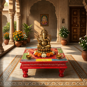 handmade wooden pooja chowki, handcrafted pooja table, handcrafted wooden bajot, Rajasthani hand painted bajot, Rajasthan artisan pooja chowki, 