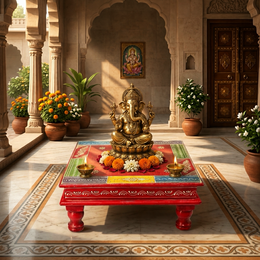 handmade wooden pooja chowki, handcrafted pooja table, handcrafted wooden bajot, Rajasthani hand painted bajot, Rajasthan artisan pooja chowki, 