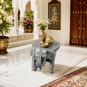 handcrafted wooden elephant stool table UAE, Rajasthani solid wood elephant side table Sharjah, elephant shaped decorative table online Dubai, Indian Real wood elephant stool for home decor, hand-painted hardwood elephant furniture UAE, 