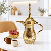 classic brass Arabian coffee pot, gold tone brass gahwa coffee pot, handcrafted brass bakraj with ornate lid, long spout brass Arabic coffee pot, Table Serving Saudia Dallah,
