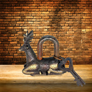 Decorative animal-shaped lock
Traditional brass padlock
Brass security lock deer design
Vintage Indian brass lock
Rustic brass lock with deer
Deer figure padlock brass
Collectible antique padlock