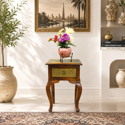 Sheesham Wood Furniture UAE,
Handcrafted Wooden Table with Brass Work,Solid Wood Indian Furniture,Wooden Side Table with 4 Legs,Natural Wood Finish Side Table,Indian Antique Furniture Dubai,