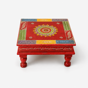 solid wood prayer platform, wooden temple chowki, mandir pooja chowki, Hindu pooja bajot, Hindu worship chowki, deity idol display chowki, 