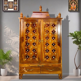Handcrafted wooden pooja mandir,Rosewood pooja mandir Sharjah,Hardwood home prayer cabinet, Pooja shelf with storage,Hand cut work pooja unit UAE,natural wood finish handicrafted worship shelf,