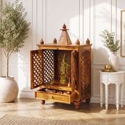modern design home temple UAE, modern real wood prayer cabinet, modern handcrafted hardwood mandir UAE, natural wood finish temple cabinet, honey finish pooja mandir Dubai, antique finish wooden temple UAE, 