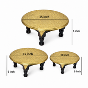 round pooja chowki with black wood finish, black wood finish pooja stand, black finish wooden bajot, black antique finish pooja chowki, 