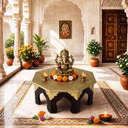  brass inlay work wooden chowki, brass hand work solid wood pooja stand, brass fitted wooden bajot, brass inlay pooja bajot, wooden chowki UAE, pooja chowki Sharjah, 