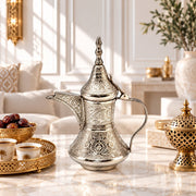 brass dallah for majlis UAE, Arabic coffee server pot brass, brass coffee pot made in India, handmade embossed Arabic dallah UAE, luxury coffee pot for Arabic serving, traditional Emirati brass dallah, brass coffee pot online store
