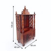 premium handcrafted wooden temple, luxury handcrafted home mandir, stylish solid wood mandir, stylish wooden pooja cabinet, brown wood finish mandir, brown finish wooden temple