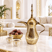 handmade brass dallah, handcrafted brass dalleh, brass Arabic coffee pot with embossed work, gold finish brass Arabian coffee pot, handmade brass qahwa pot, floral embossed brass gahwa coffee pot, 