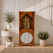 ghar ka mandir, floor standing mandir, elegant arch design temple cabinet, divine heritage solid wood temple cabinet for home and prayer room, devotional shrine cabinet, 
