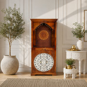 Hindu worship cabinet, Hindu prayer mandir, Hindu idol display cabinet, heritage style wooden temple cabinet with hand-carved white jali panels, 
