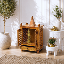 solid wood home temple UAE, hardwood pooja mandir Dubai, sheesham wood temple cabinet Sharjah, rosewood home temple UAE, natural wood hand made pooja cabinet Dubai, real wood prayer shrine UAE, 