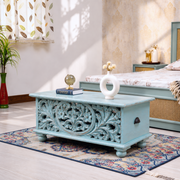 hand cutting work organizer Dubai, hand cut carved wooden trunk Sharjah, blue rustic finish storage chest Abu Dhabi, blue rustic finish trunk UAE, blue rustic wooden chest Ajman, solid wood storage trunk Ras Al Khaimah , 