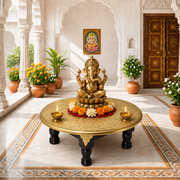 round pooja chowki with brass work Sharjah, round wooden pooja chowki UAE, round solid wood pooja stand Dubai, round mango wood pooja chowki Abu Dhabi, round brass fitted pooja stand Ajman, 