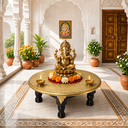 round pooja chowki with brass work Sharjah, round wooden pooja chowki UAE, round solid wood pooja stand Dubai, round mango wood pooja chowki Abu Dhabi, round brass fitted pooja stand Ajman, 