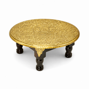 15 inch worship platform with brass work, round pooja chowki with wood finish, natural wood finish pooja chowki, round wooden bajot with natural finish, solid mango wood pooja stand with wood finish,