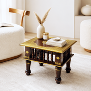 solid wood end table, wooden lamp table, living room side table, bedroom side table, sofa side table, occasional table, accent table,brass embossed wooden table, heritage style wooden table, 