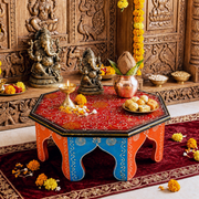 small wooden pooja table with carving, wooden pooja chowki for gifting UAE, wooden stool table for temple use Qatar, festival pooja chowki table for home UAE, 