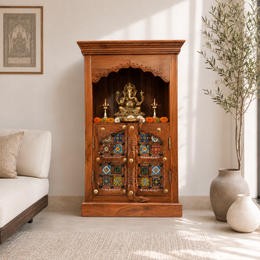 wooden temple with storage cabinet, hindu temple with storage box, pooja cabinet for worship, home temple for hindu worship, 
