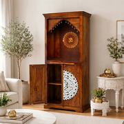 luxury wooden pooja ghar UAE, premium Hindu temple cabinet UAE, stylish wooden prayer cabinet Dubai, modern mango wood worship cabinet, devotional shrine cabinet with storage, 

