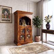 wooden temple for apartments, home temple for living room, pooja cabinet for prayer room, hindu temple for villas, pooja mandir for apartments, 