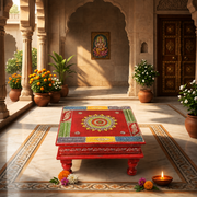  multicolor wooden pooja bajot UAE, red hand painted wooden bajot, artisan painted pooja chowki, decorative wooden pooja table Dubai, hand painted worship platform, 
