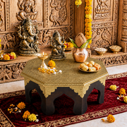  mango wood stand, mango wood pooja stand, solid mango wood chowki, prayer platform wooden, pooja stand with brass work, brass pooja word hardwood God stand, Indian chowki, mandir chowki, 